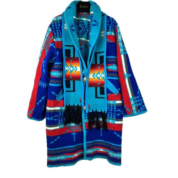 Vintage 80s Blanket Coat Chief Pattern Wool Fringe Reversible Scarf Cowichan - Picture 1 of 9